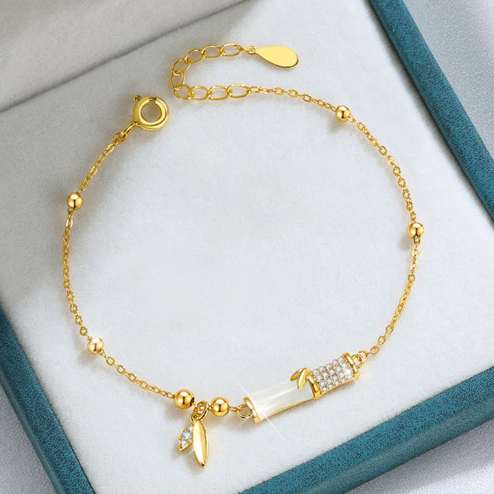 Pulsera de la suerte con hojas de circón de bambú y jade blanco chapada en oro de 18 quilates de plata de ley 925 con Buddha Stones - image 1
