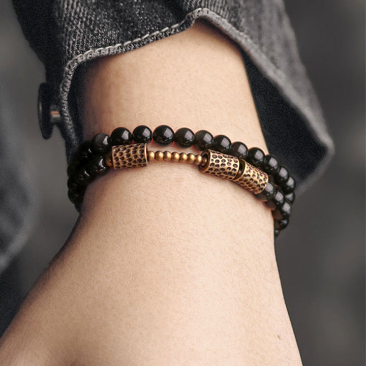 Pulsera de doble vuelta de cobre y obsidiana arcoíris con Buddha Stones