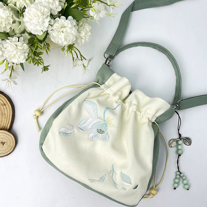 Bolso bandolera con Buddha Stones, bordado, mariposa, loto, magnolia, algodón y lino
