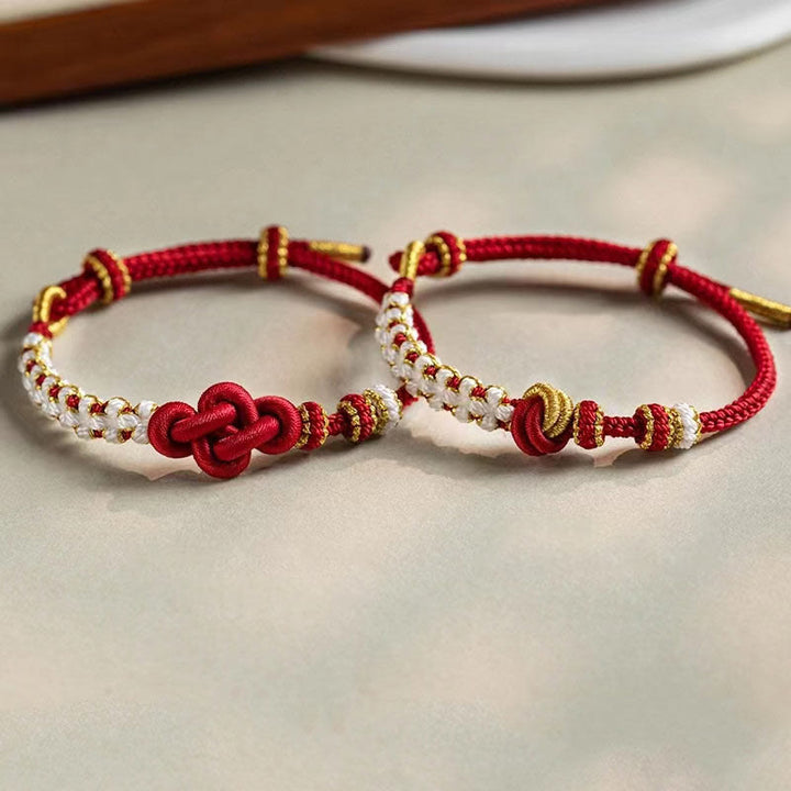 Pulsera de cuerda de la suerte con dije de flor de melocotón, nudo de amor verdadero hecho a mano con Buddha Stones