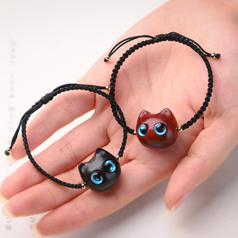 Pulsera trenzada con Buddha Stones, hoja pequeña, sándalo rojo, madera de ébano, cabeza de gato bonita, protección tranquila - image 2