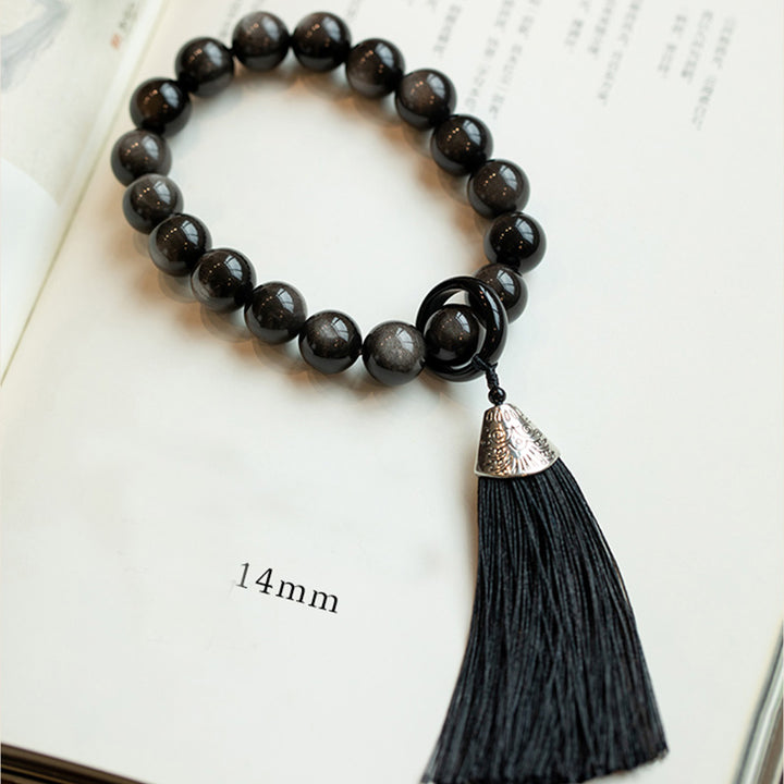 Obsidiana con brillo de plata Natural, León de obsidiana negra, protección Mala para muñeca, borlas, bolsillo, decoración para coche