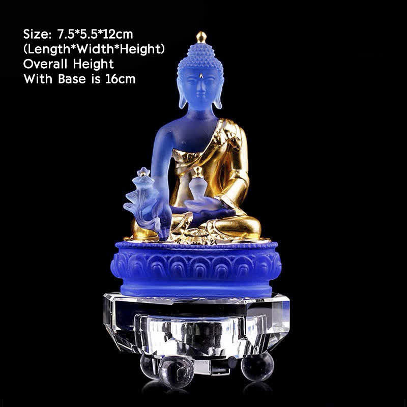 Buda medicinal hecho a mano Liuli Crystal Art Piece estatua de compasión decoración de oferta en casa y oficina - 7,5 x 5,5 x 12 cm - Buda de la Medicina Dorada y Base Luminosa - image 10