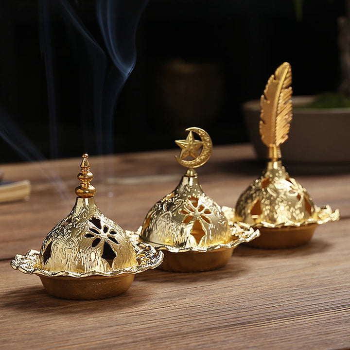 Quemador de incienso de Metal de aleación, Mini meditación espiritual, pluma de estrella de calabaza dorada