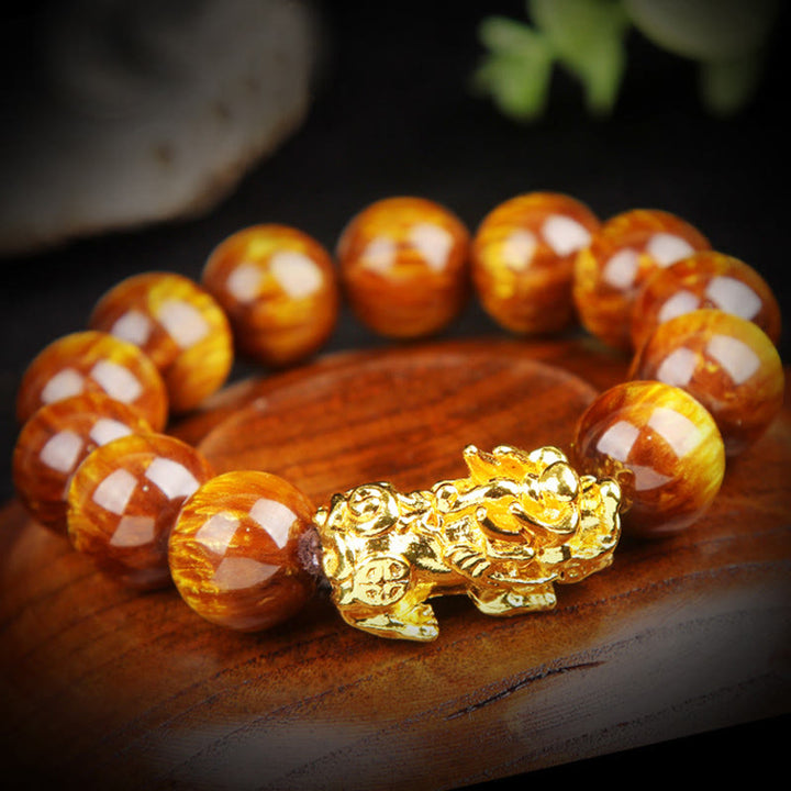 Pulsera Pixiu Abundante Ojo de Tigre Dorado de la Suerte con Buddha Stones