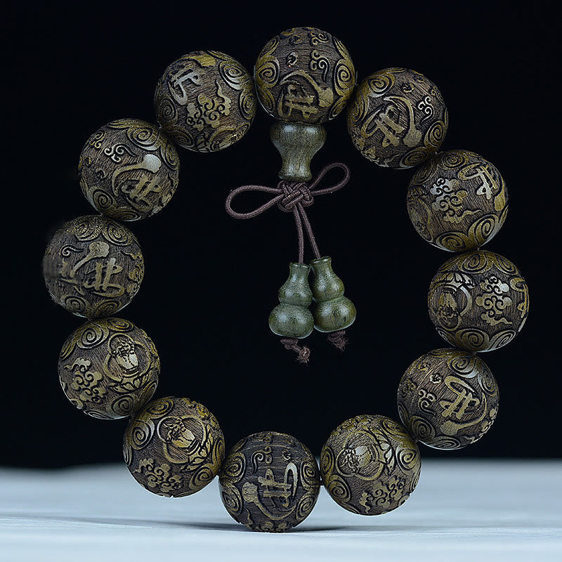 Pulsera de calidez tallada con monedas de cobre, ébano y palisandro del zodiaco chino con Buddha Stones y Pixiu