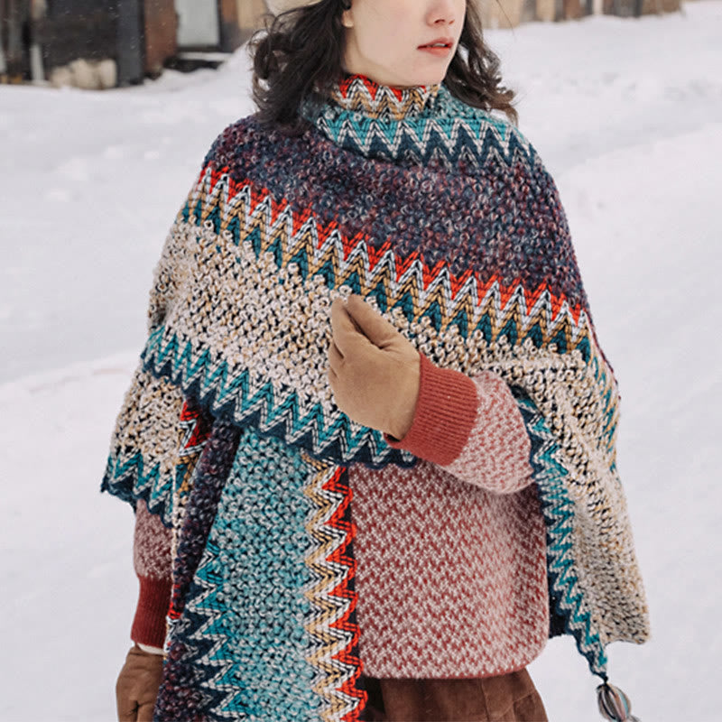 Mantón tibetano de Buddha Stones , bufanda cálida con borlas y patrón ondulado azul, Beige y rojo para invierno