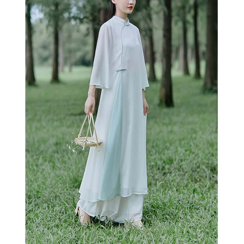 Vestido midi Cheongsam de gasa con manga tres cuartos y Buddha Stones , pantalones de pierna ancha, ropa de práctica Zen para meditación