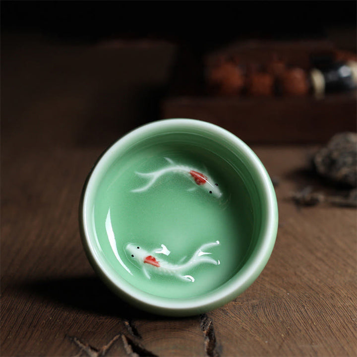 Taza de té de cerámica con forma de pez koi de colores y Buddha Stones - Pez koi verde 6,8 cm x 3,4 cm x 55 ml - image 16
