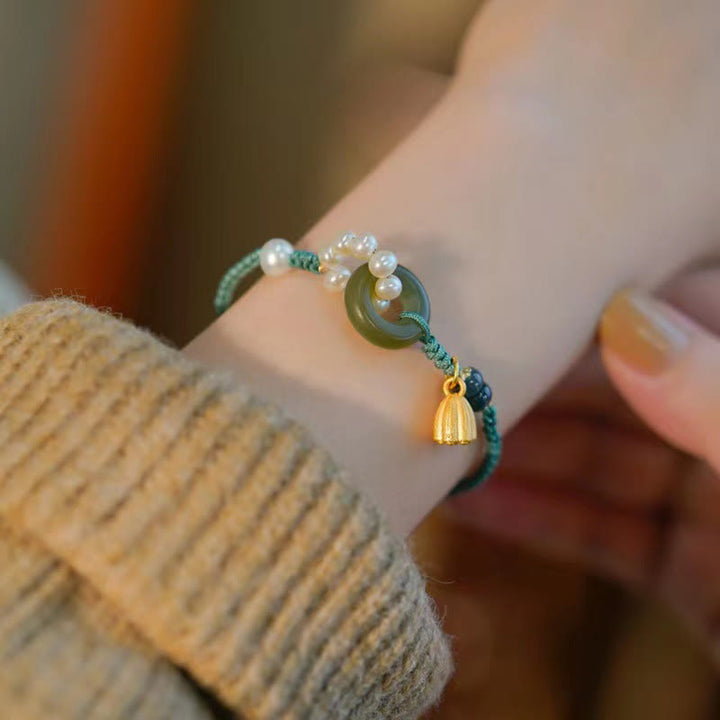 Pulsera trenzada hecha a mano con Buddha Stones, jade hetiano natural, hebilla de la paz, perla de la suerte