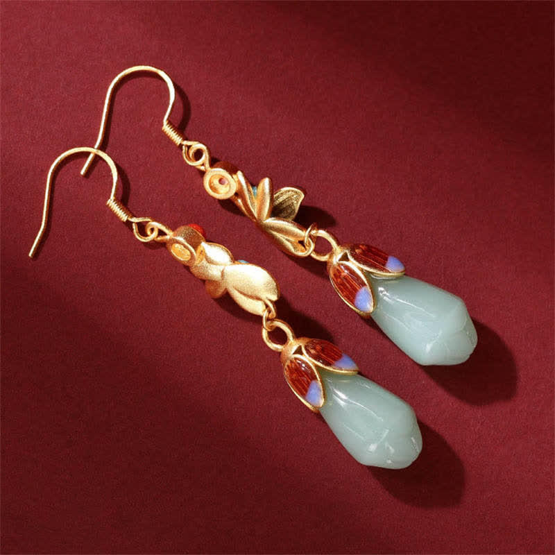 Pendientes colgantes con forma de flor de magnolia y jade, diseño de suerte y prosperidad