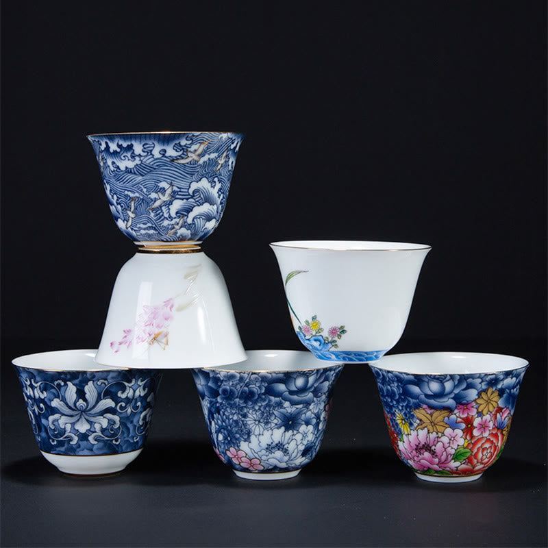Taza de té de cerámica de porcelana azul y blanca, Buddha Stones, flores coloridas, orquídeas, olas del mar, taza de té de Kung Fu