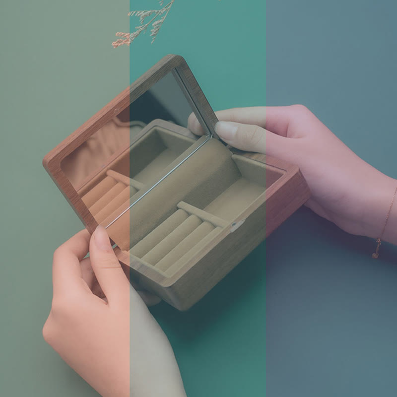 Caja de almacenamiento de joyería vintage hecha a mano de madera de nogal negro con espejo