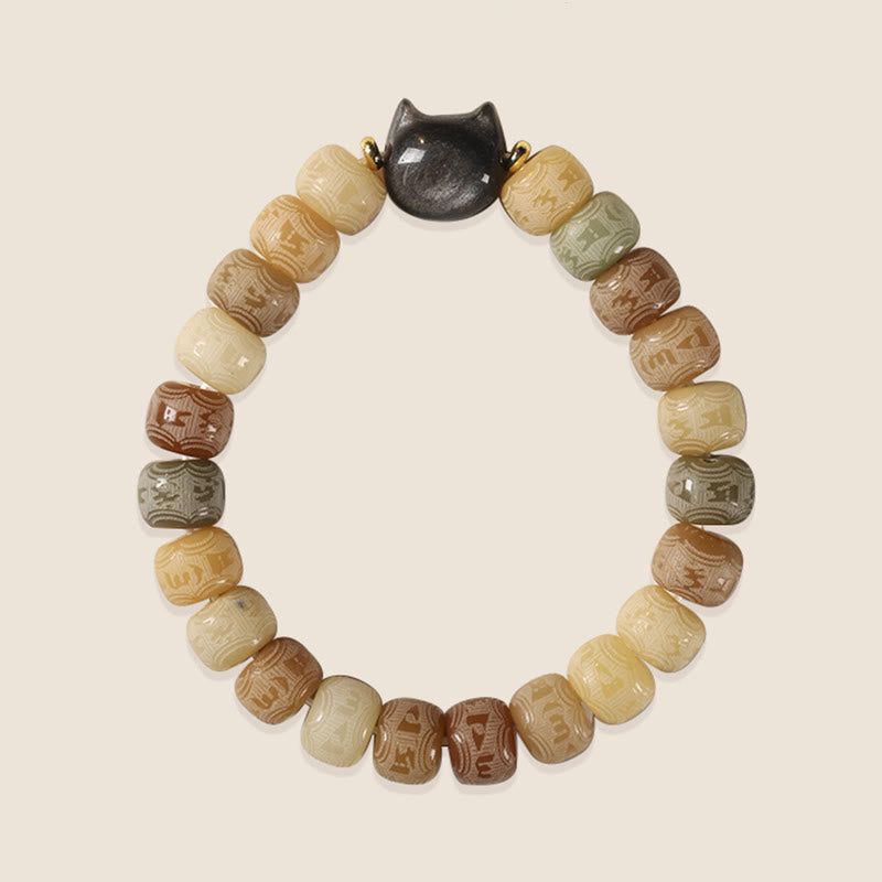 Pulsera de armonía grabada con Buddha Stones de Bodhi, brillo plateado, obsidiana, cabeza de gato, Om Mani Padme Hum - image 6