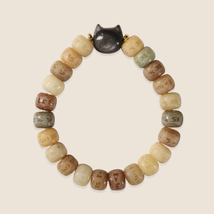Pulsera de armonía grabada con Buddha Stones de Bodhi, brillo plateado, obsidiana, cabeza de gato, Om Mani Padme Hum - image 6