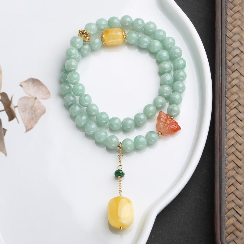 Pulsera de plata de ley 925 con Buddha Stones, jade natural, ámbar, mariposa, suerte y abundancia