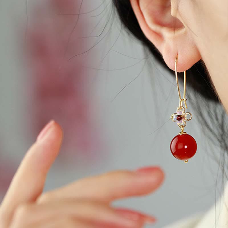 Pendientes de confianza con cuentas de flor de ágata roja de plata de ley 925 con Buddha Stones