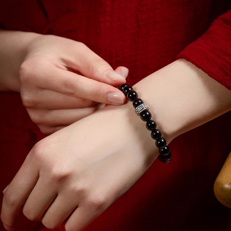 Pulsera de fuerza de piedra lunar de obsidiana negra de plata de ley 925 con Buda natal del zodíaco chino