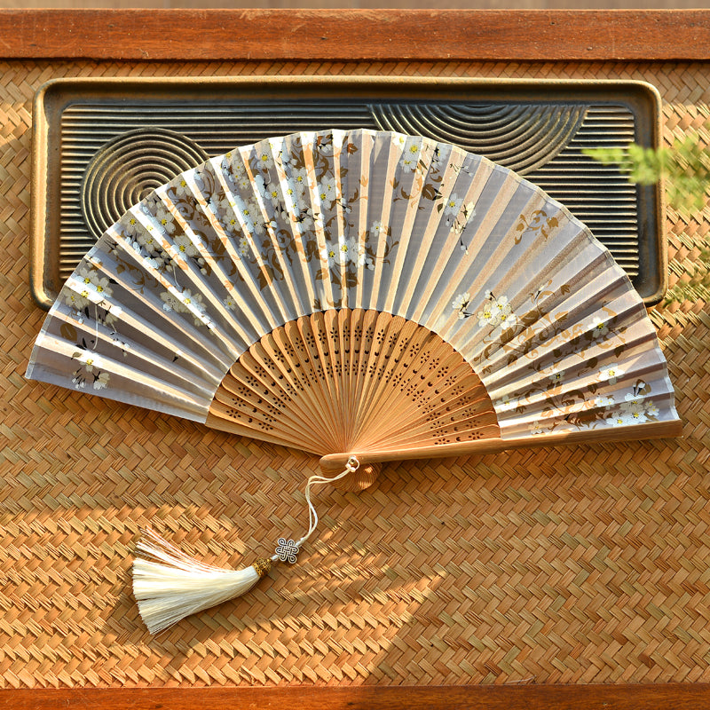 Abanico plegable de bambú de mano Sakura con flores de cerezo y Buddha Stones 21cm