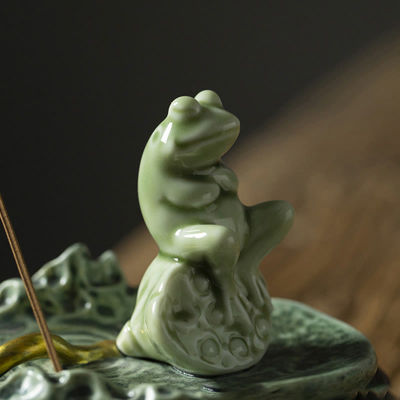 Quemador de incienso de cerámica curativo con patrón de rana para meditación de hojas de Buddha Stones, decoración