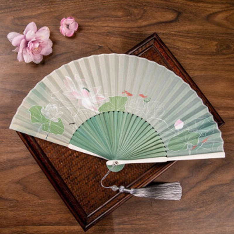 Abanico plegable de bambú de mano con flores de loto jazmín y Buddha Stones