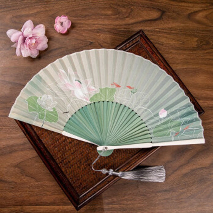 Abanico plegable de bambú de mano con flores de loto jazmín y Buddha Stones