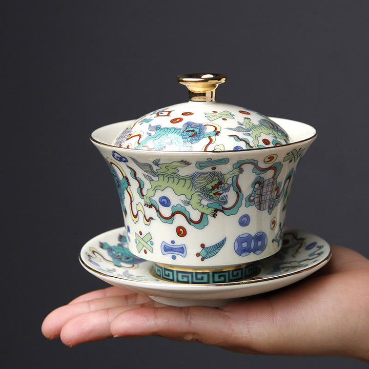 Buddha Stones Retro, flor de ciruelo, pino, bambú, Phoenix, Kirin, cerámica, Gaiwan Sancai, taza de té de Kung Fu y platillo con tapa