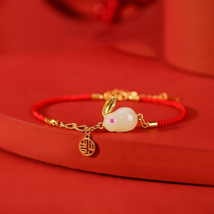 Pulsera de hilo rojo con bendición de la suerte de jade blanco hetiano del año del conejo de plata de ley 925
