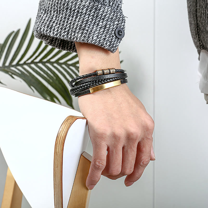 Pulsera con hebilla magnética trenzada con equilibrio de acero y titanio multicapa de cuero con Buddha Stones