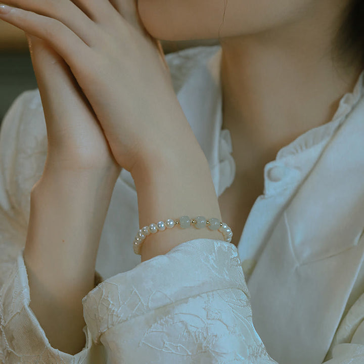Pulsera de cadena de cuentas de sinceridad de jade blanco de jade cian hetiano con perlas naturales chapadas en oro de 14 quilates