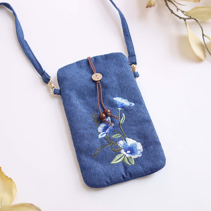 Buddha Stones, pequeñas flores bordadas, bolso de hombro, bolso para teléfono móvil, 11*20cm