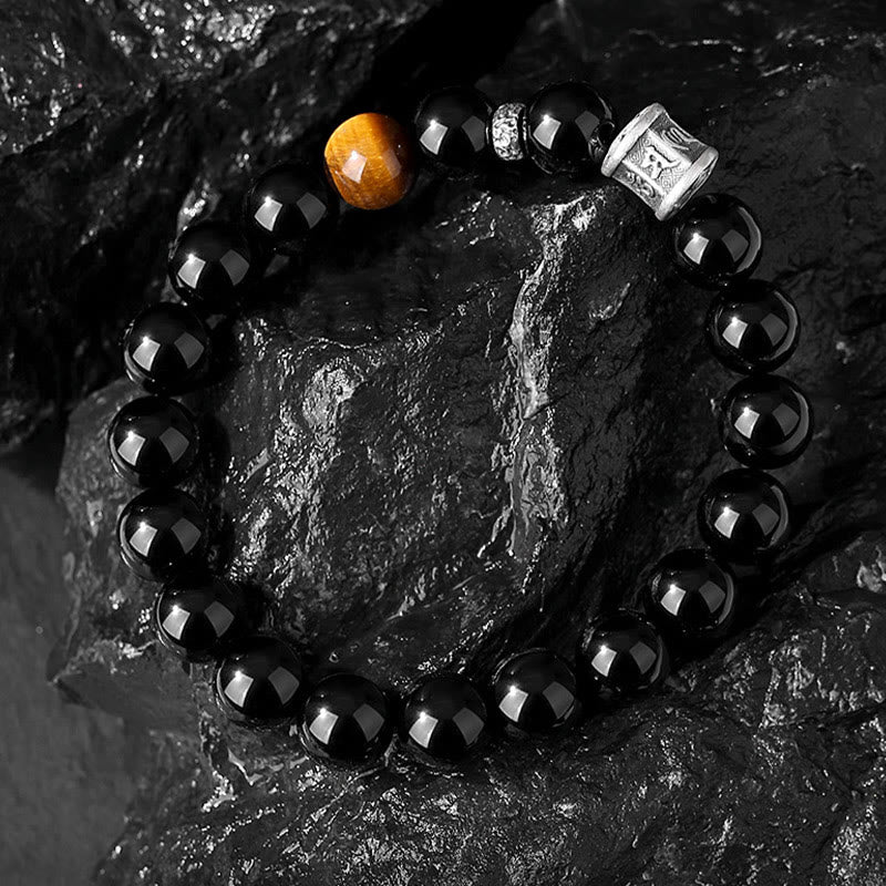 Pulsera de cumplimiento Om Mani Padme Hum de ojo de tigre de obsidiana negra de plata de ley 999 con Buddha Stones