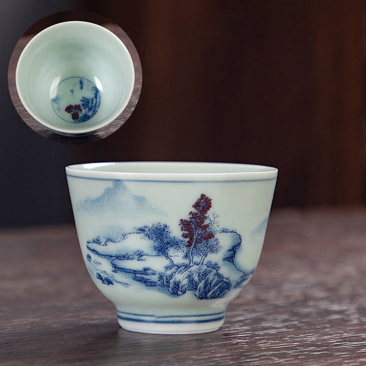 Taza de té de cerámica pequeña con Buddha Stones, paisaje azul, montañas, loto, lindos pabellones de gatos, Magnolia Reed Egrets, taza de té de Kung Fu