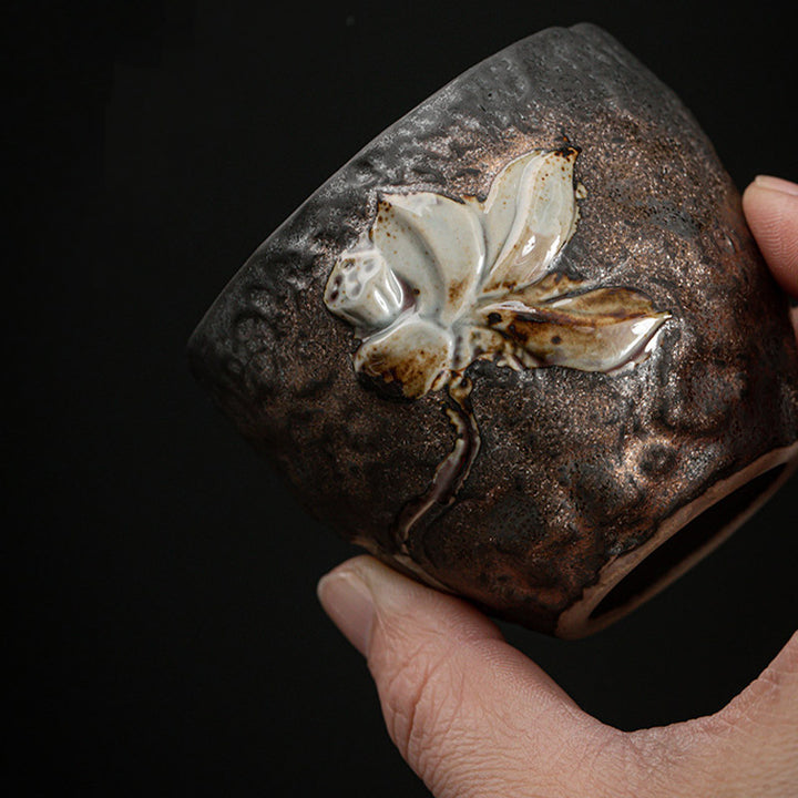 Taza de té de cerámica con Buddha Stones, hoja de vaina de loto, flor, nubes propicias, taza de té de Kung Fu