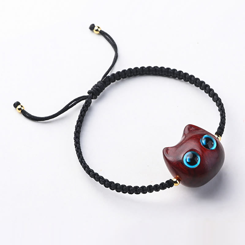 Pulsera trenzada con Buddha Stones, hoja pequeña, sándalo rojo, madera de ébano, cabeza de gato bonita, protección tranquila - image 4