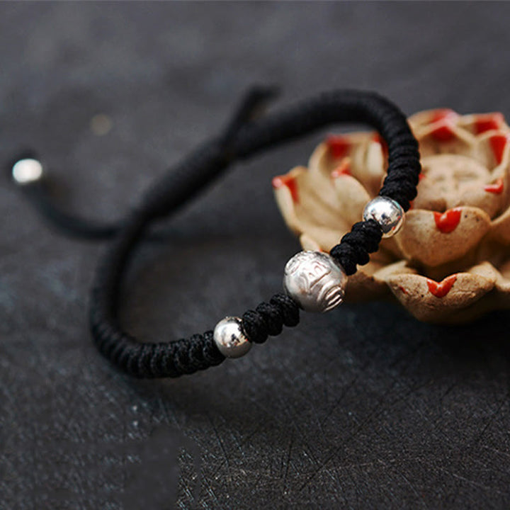 Pulsera de pareja de cuerda de fuerza de la suerte con moneda de cobre Om Mani Padme Hum de plata de ley 999 con Buddha Stones - image 8