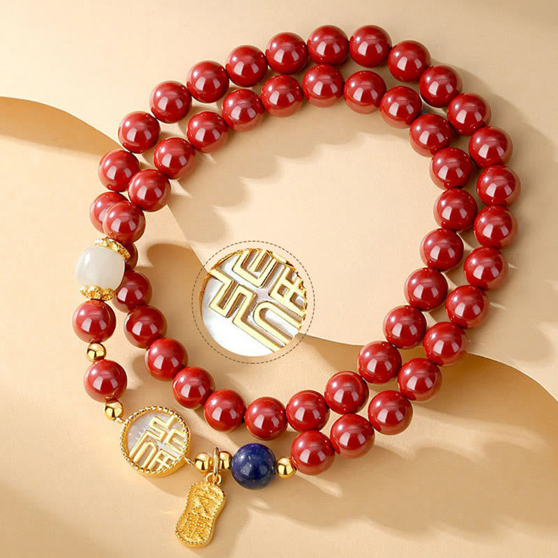 Pulsera de bendición de doble envoltura con carácter Fu de piedra Tridacna de cinabrio de plata de ley 925 de Buddha Stones