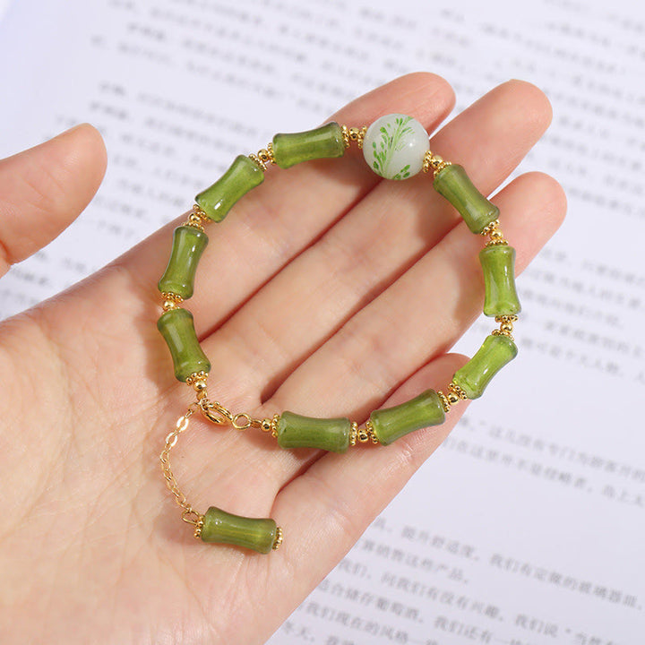 Pulsera de cadena de riqueza con Buddha Stones, patrón de bambú verde, cristal Liuli, ágata musgo