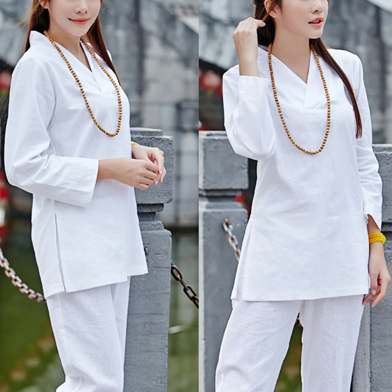 Conjunto de ropa de lino y algodón para mujer, uniforme con diseño de Buddha Stones, práctica Zen, Yoga, meditación, oración, cuello en V - Blanco - US6，UK/AU10，EU38 (2XL) - image 16