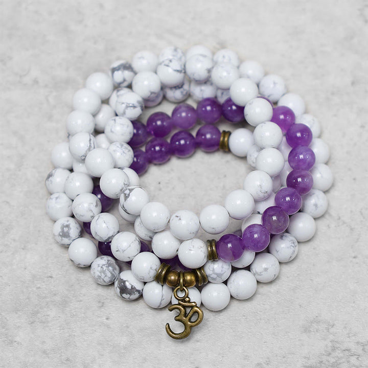 108 cuentas Mala amatista turquesa blanca OM pulsera de energía de meditación curativa