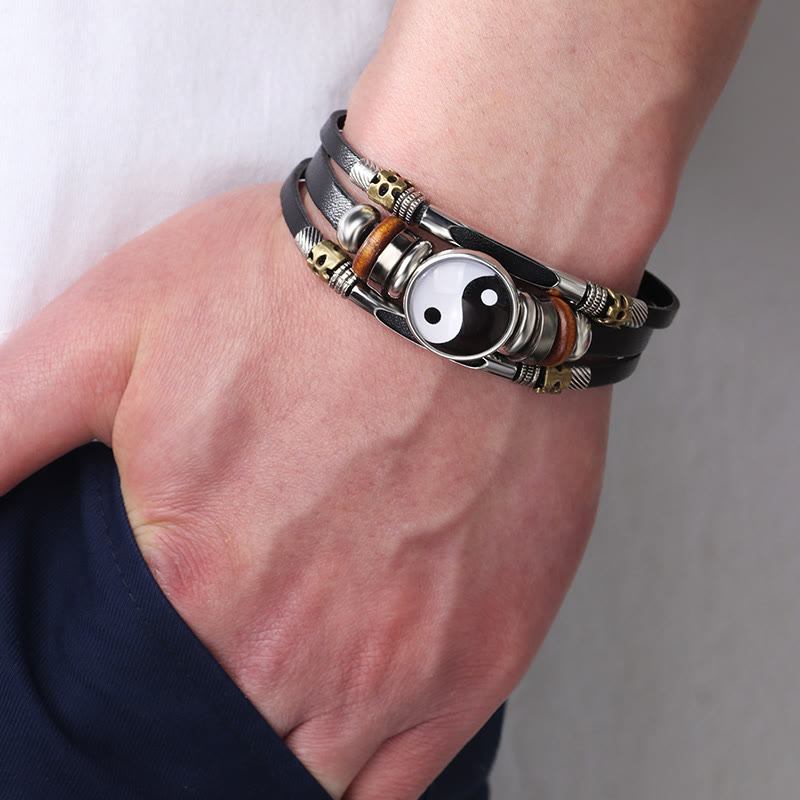 Pulsera de equilibrio de cuero Yin Yang con Buddha Stones