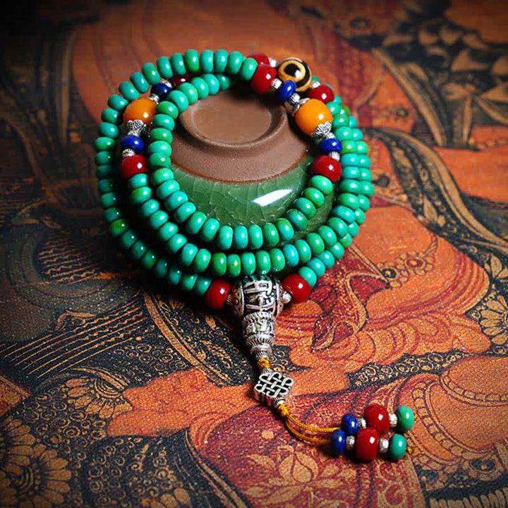 Pulsera de protección de cuentas Dzi de turquesa tibetana con 108 cuentas Mala