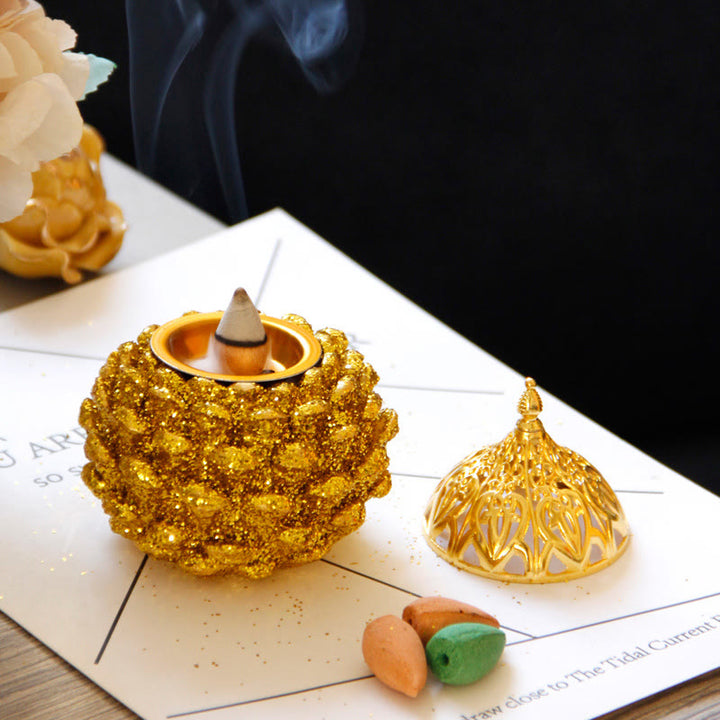 Mini quemador de incienso con diseño de cono de pino dorado, decoración de mesa para el hogar, rituales espirituales
