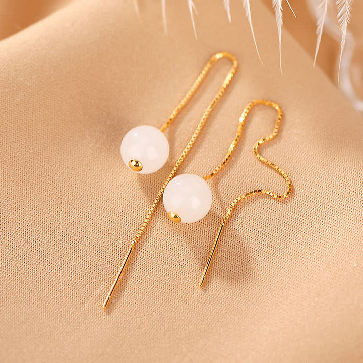Pendientes colgantes de felicidad con cuentas de jade blanco de plata de ley 925