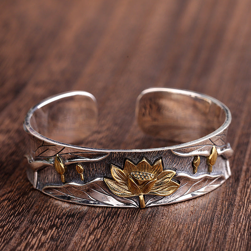Pulsera ajustable con diseño de flor de loto de plata de ley 925 con Buddha Stones