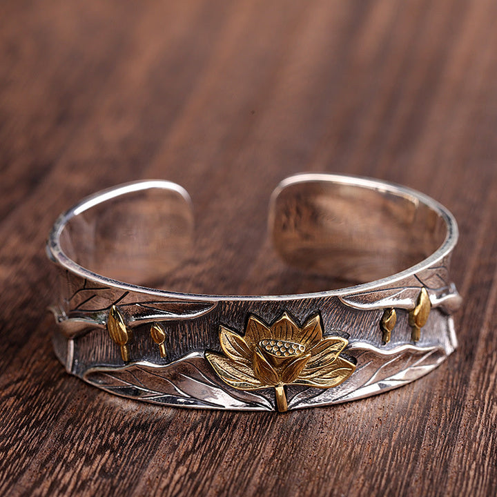 Pulsera ajustable con diseño de flor de loto de plata de ley 925 con Buddha Stones