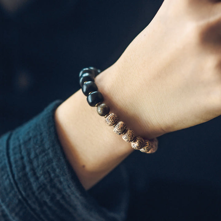 Pulsera de paz de cobre y madera de ébano, obsidiana negra, semilla de Bodhi tibetana, Buddha Stones