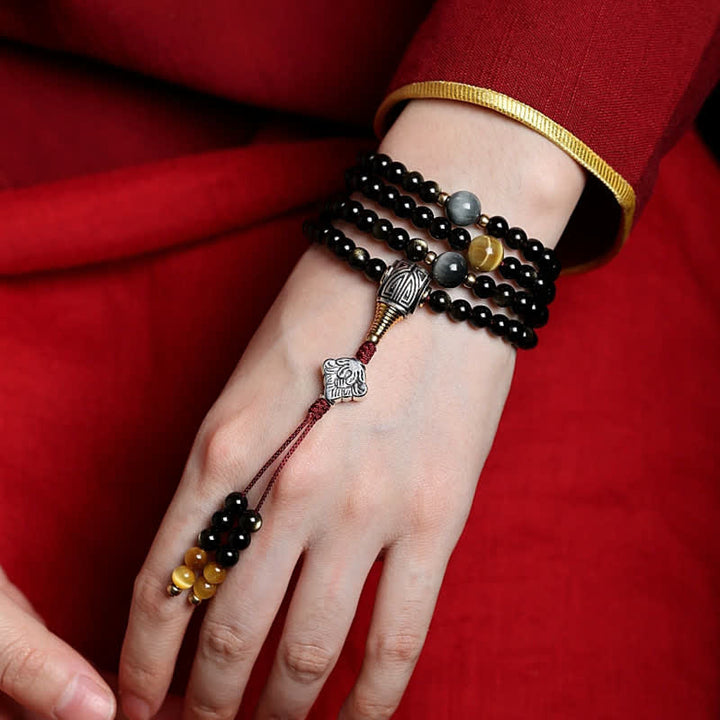 Pulsera de riqueza de piedra de ojo de águila de ojo de tigre de obsidiana con brillo dorado de 108 cuentas Mala