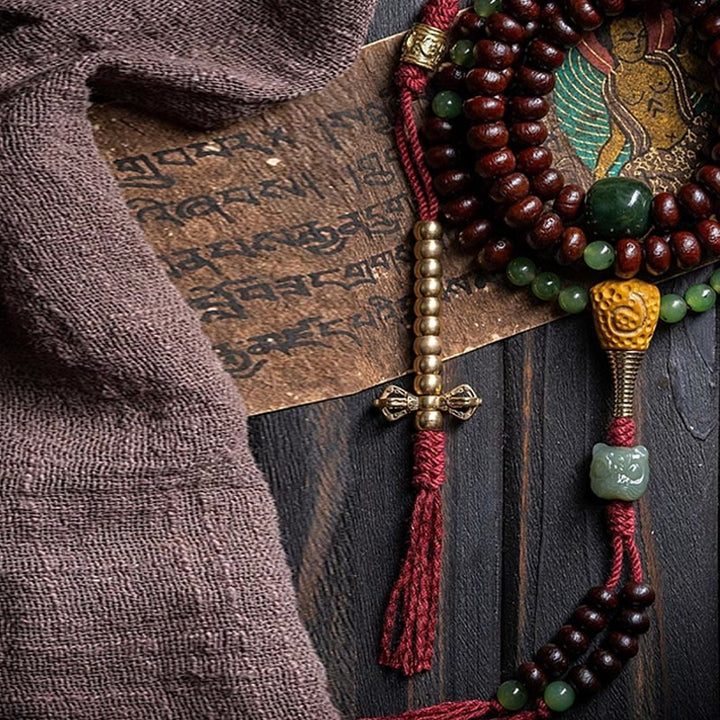 Buddha Stones naturales del Tíbet 108 cuentas de Mala semilla de Bodhi púrpura Hetian cian Jade cobre Dorje pulsera de la paz