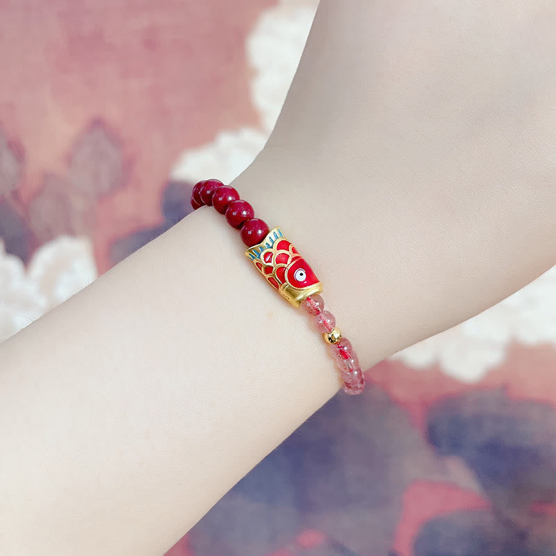 Pulsera curativa de peces Koi de la suerte, cinabrio, cuarzo fresa Natural, Buddha Stones